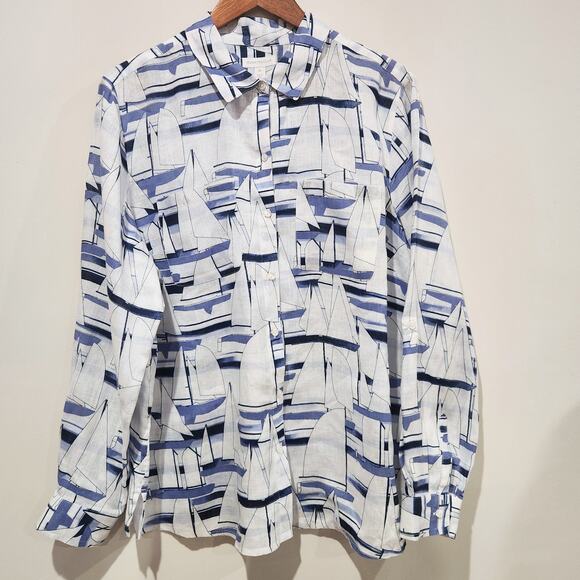 Charter Club Womens White Blue 100% Linen Printed Roll Tab Top Size XL Nautical - Picture 1 of 9